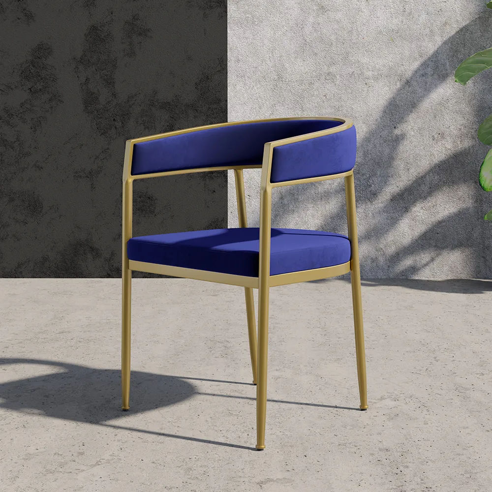 Modern Curved Back Dining Chair Blue Velvet Upholstered with Gold Metal Leg