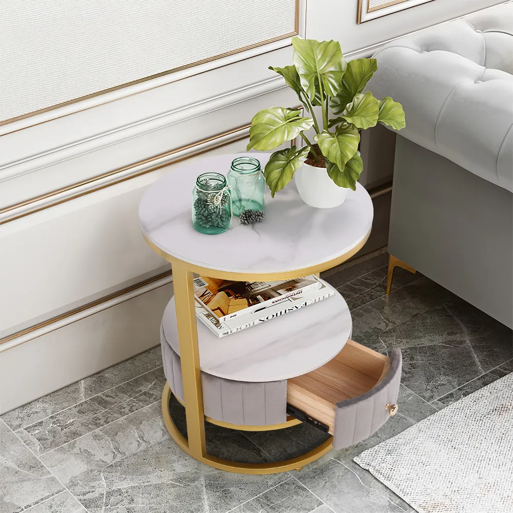 white round stone side table with drawer velvet gold finish