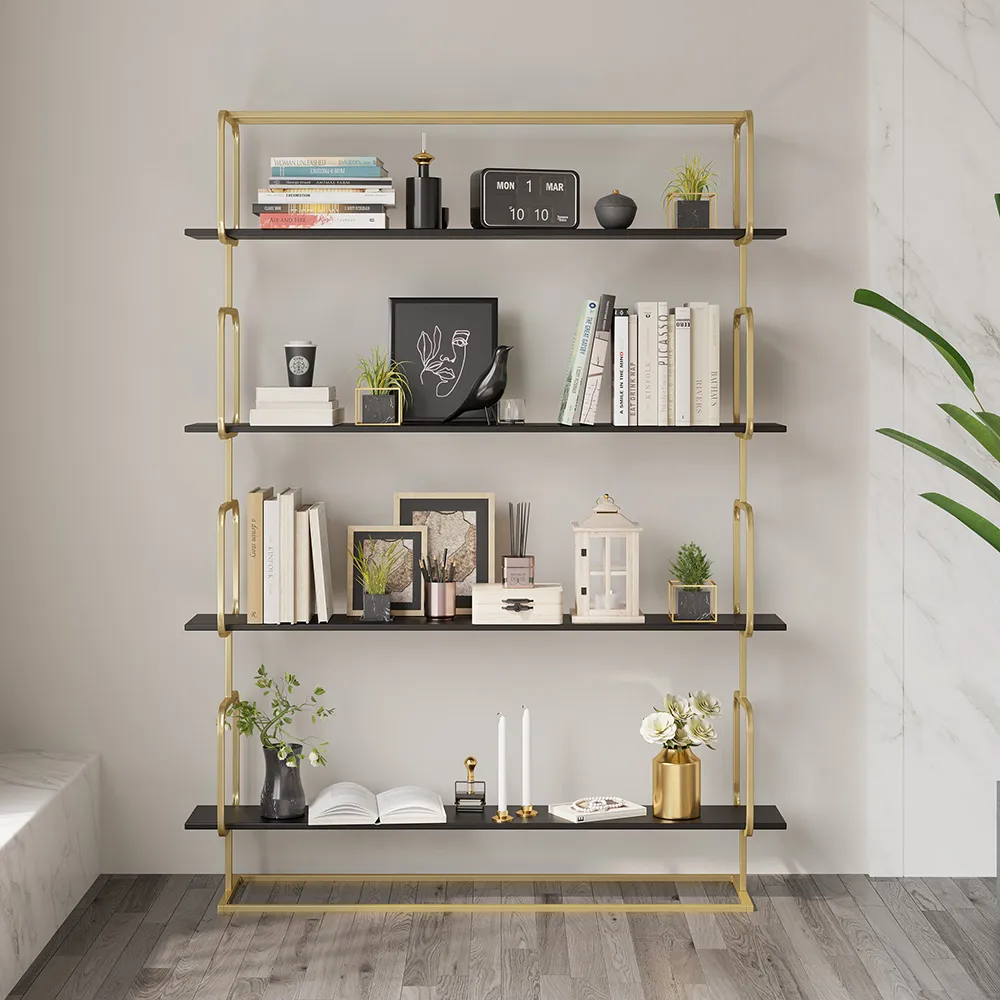 70.9" Modern White Tall Freestanding Wooden Office 4 Shelves Etagere Bookcase in Gold