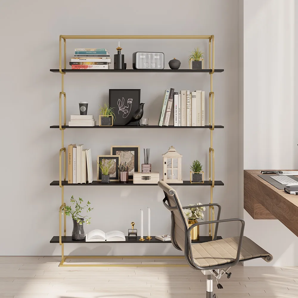 70.9" Modern White Tall Freestanding Wooden Office 4 Shelves Etagere Bookcase in Gold