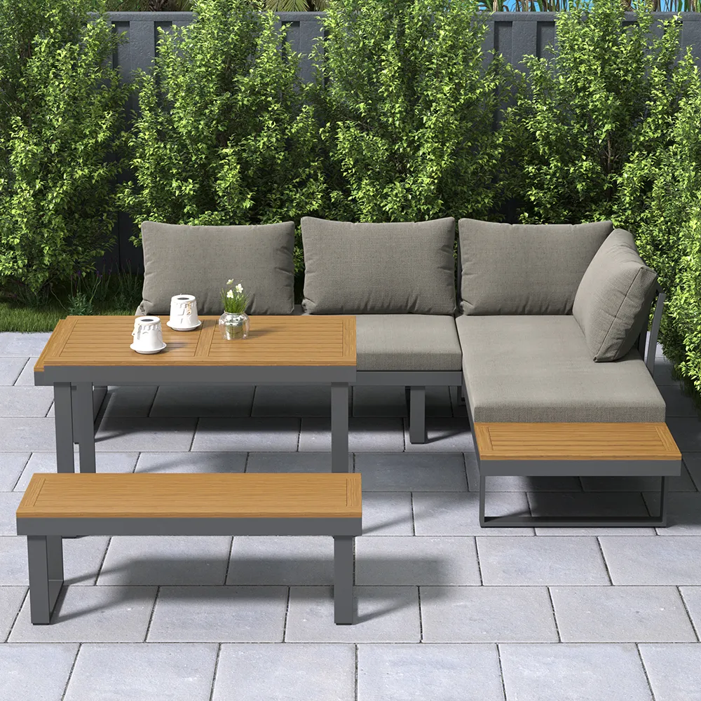 4 Pieces Aluminum Wood Outdoor Sectional Sofa Set for 5 Person with Dining Table in Grey