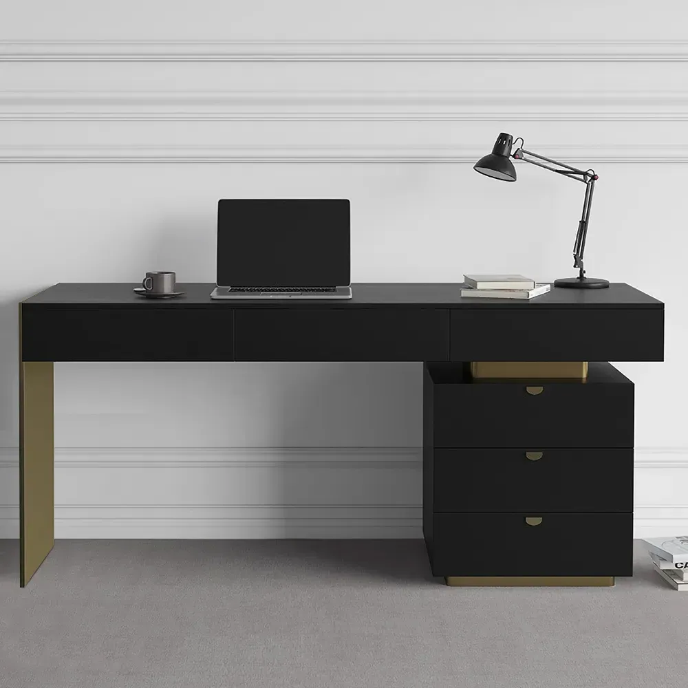 55" Modern Black Office Computer Desk with 6 Drawer & Gold Leg