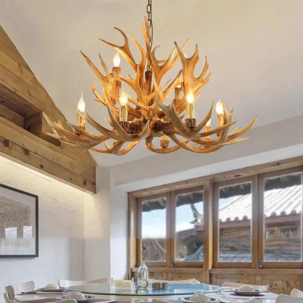 12-Light Rustic Antler Tiered Chandelier Candle Resin Cascade Ceiling Light