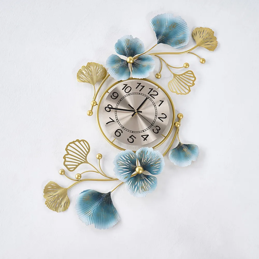Modern Metal Large Wall Clock 3D Ginkgo Leaves & Flowers Home Decor Art