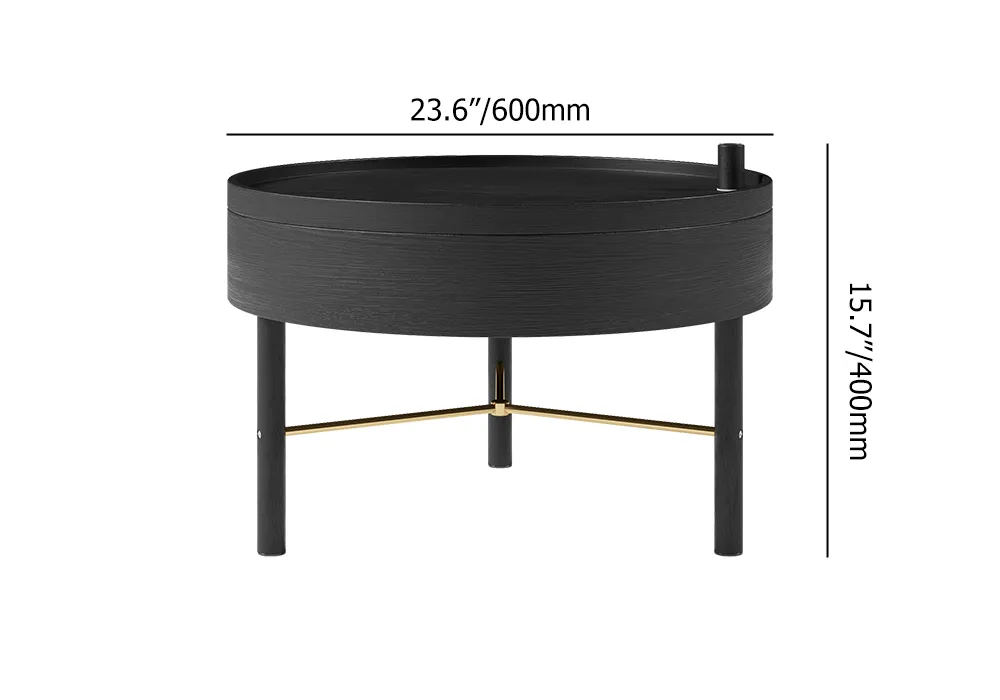 Modern Round Wood Rotating Tray Coffee Table with Storage & Metal Legs in Black