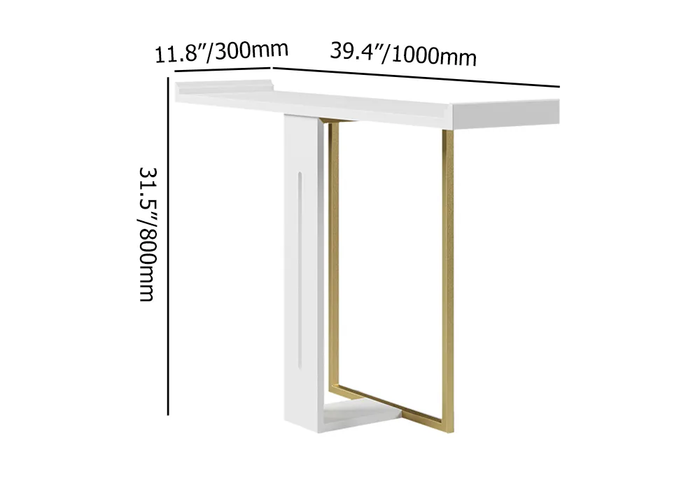 39" Narrow Console Table for Entryway Foyer White Solid Wood & Gold Metal in Small