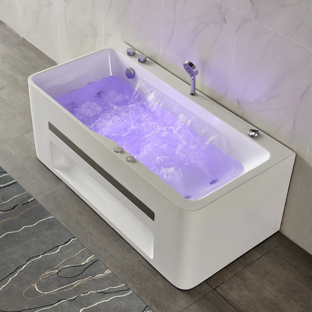 67" Modern Acrylic Rectangular Whirlpool Water Massage Bathtub Chromatherapy LED