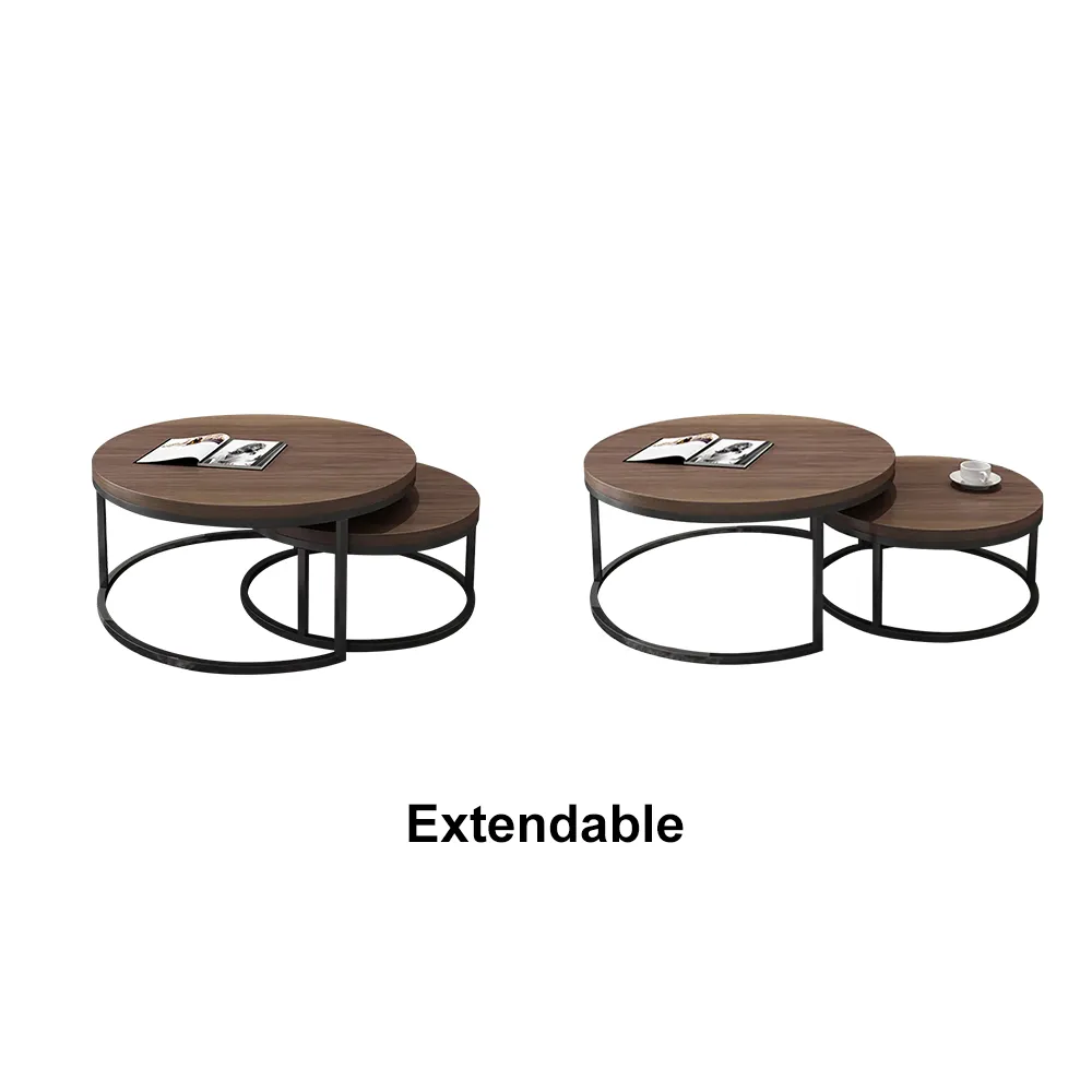 Fero 2 Pieces Modern Walnut & Black Round Nesting Coffee Table for Living Room