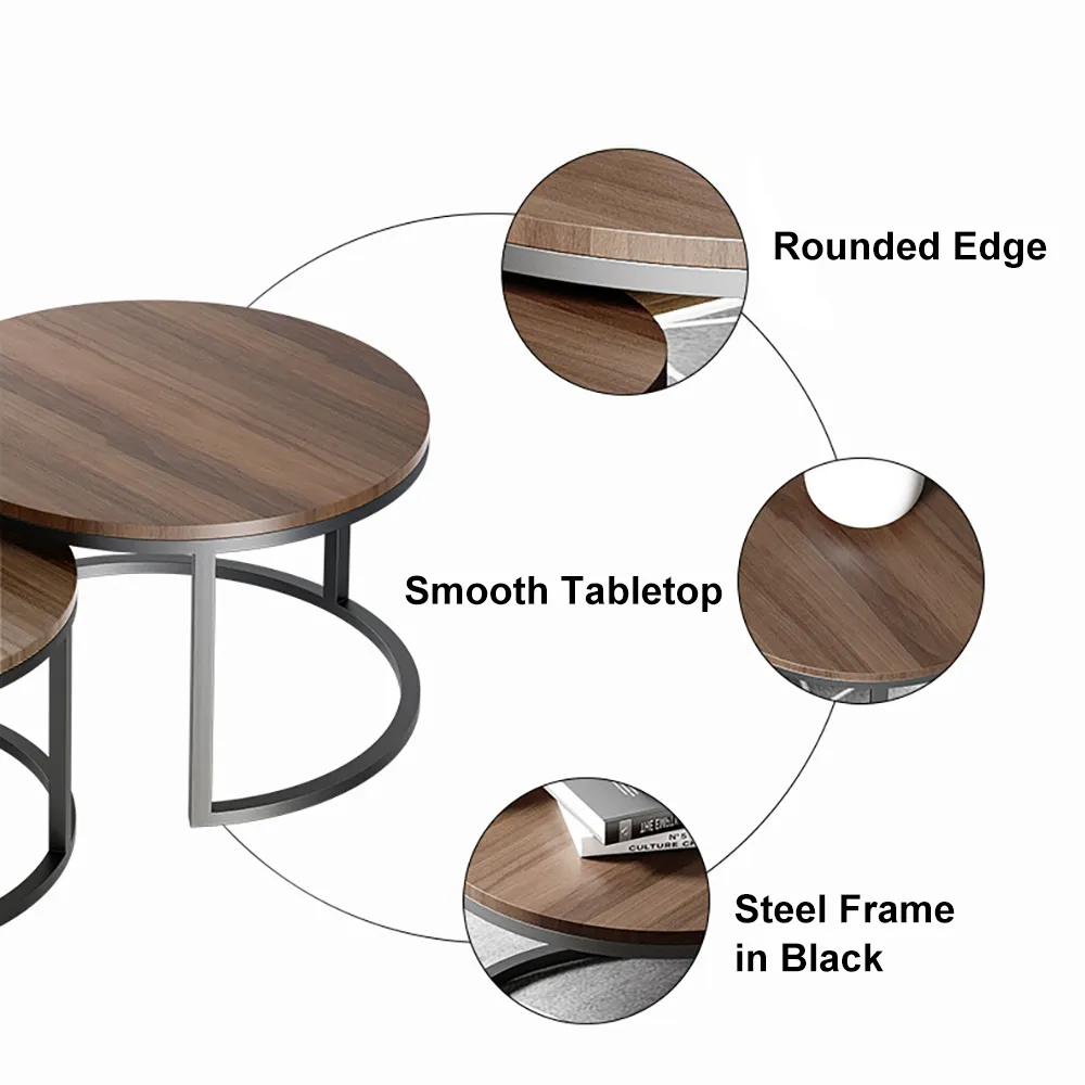 Fero 2 Pieces Modern Walnut & Black Round Nesting Coffee Table for Living Room