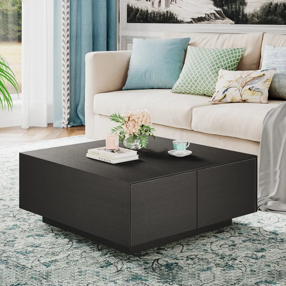 syllable Accumulation Shipley Japandi Wooden Black Coffee Table Square with 4 Drawers in Pine Wood-Homary