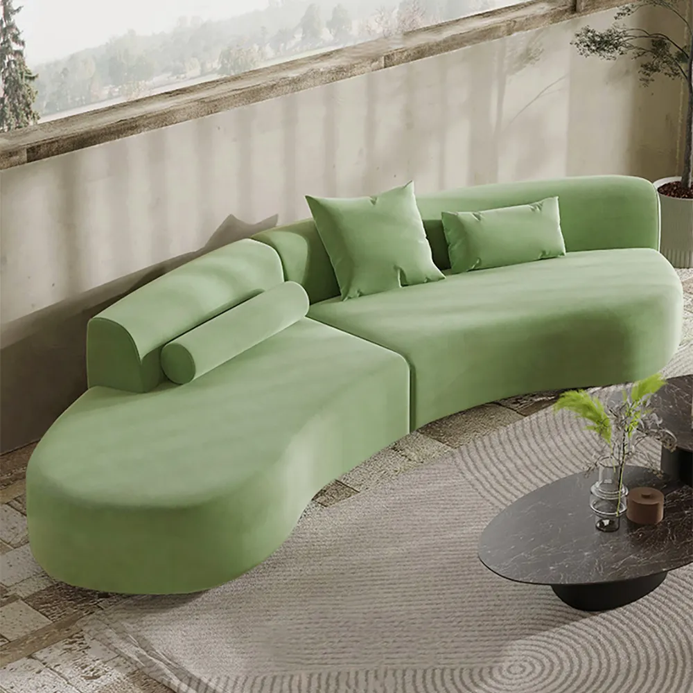 109" Modern Green Curved Velvet Sectional Sofa 4-Seater Couch Upholstered with Pillows
