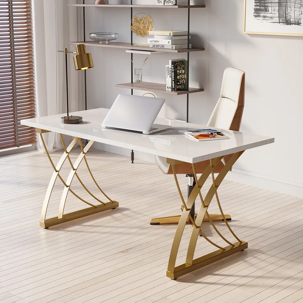 1200mm moderner weißer rechteckiger Home-Office-Schreibtisch mit  Tischplatte aus Kiefernholz und goldenem Rahmen-Homary
