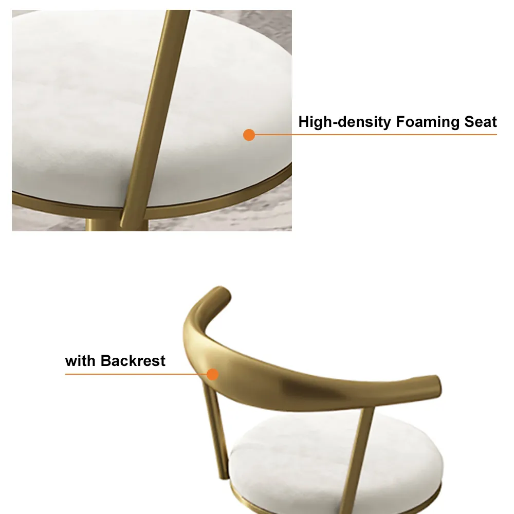 Modern White Bar Height Stool Adjustable & Swivel with Velvet Upholstery & Footrest