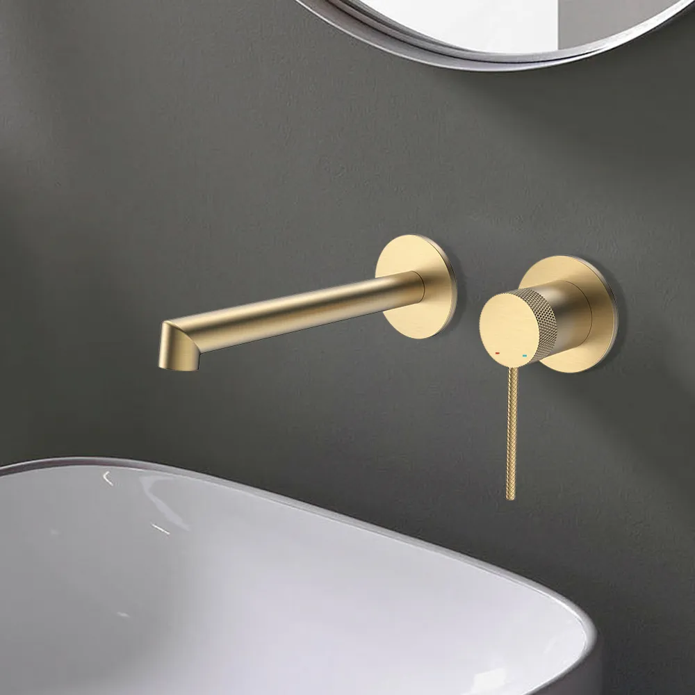 Single Handle Wall Mounted Bathroom Faucet Sink Faucet Brass Brushed Gold