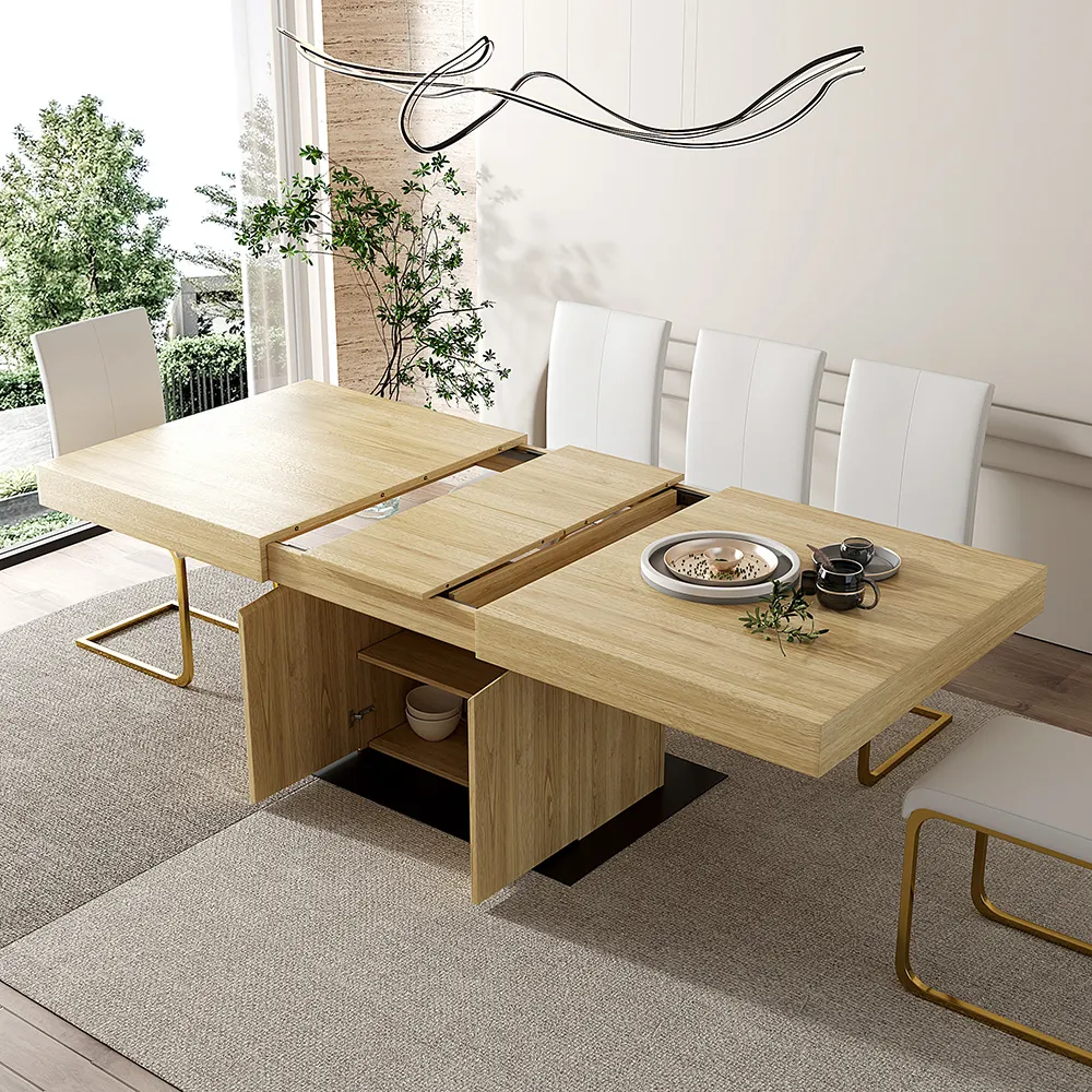 71"-87" Extendable Dining Table with Storage Japandi Rectangle Table for 8 Pedestal Base