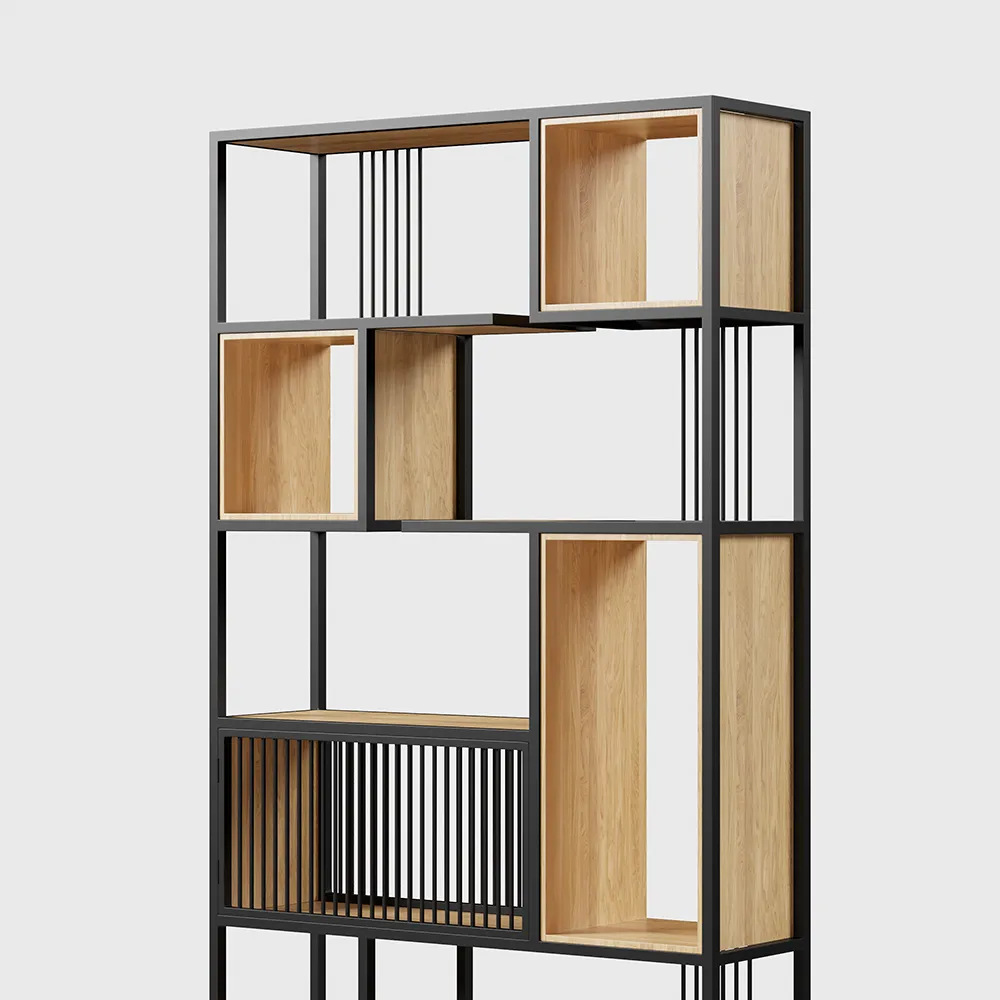 78" Modern Black Steel Geometric Bookcase 6-Tier Bookshelf Wooden Tall Book Shelf