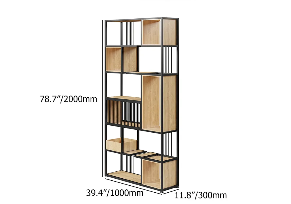 78" Modern Black Steel Geometric Bookcase 6-Tier Bookshelf Wooden Tall Book Shelf