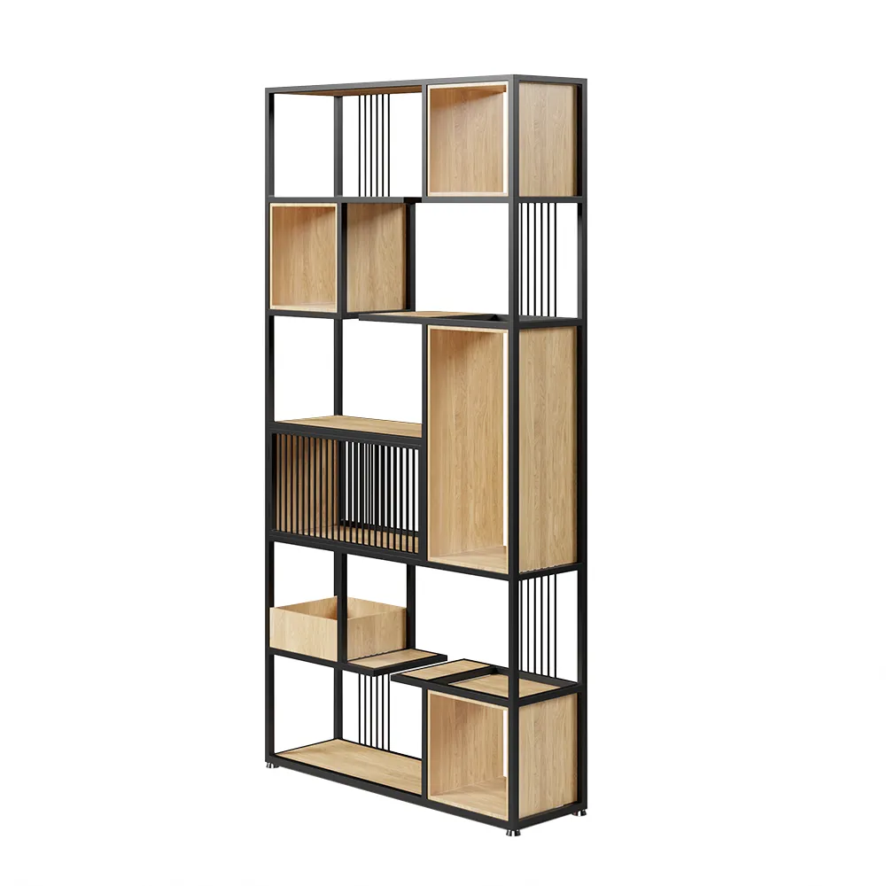 78" Modern Black Steel Geometric Bookcase 6-Tier Bookshelf Wooden Tall Book Shelf