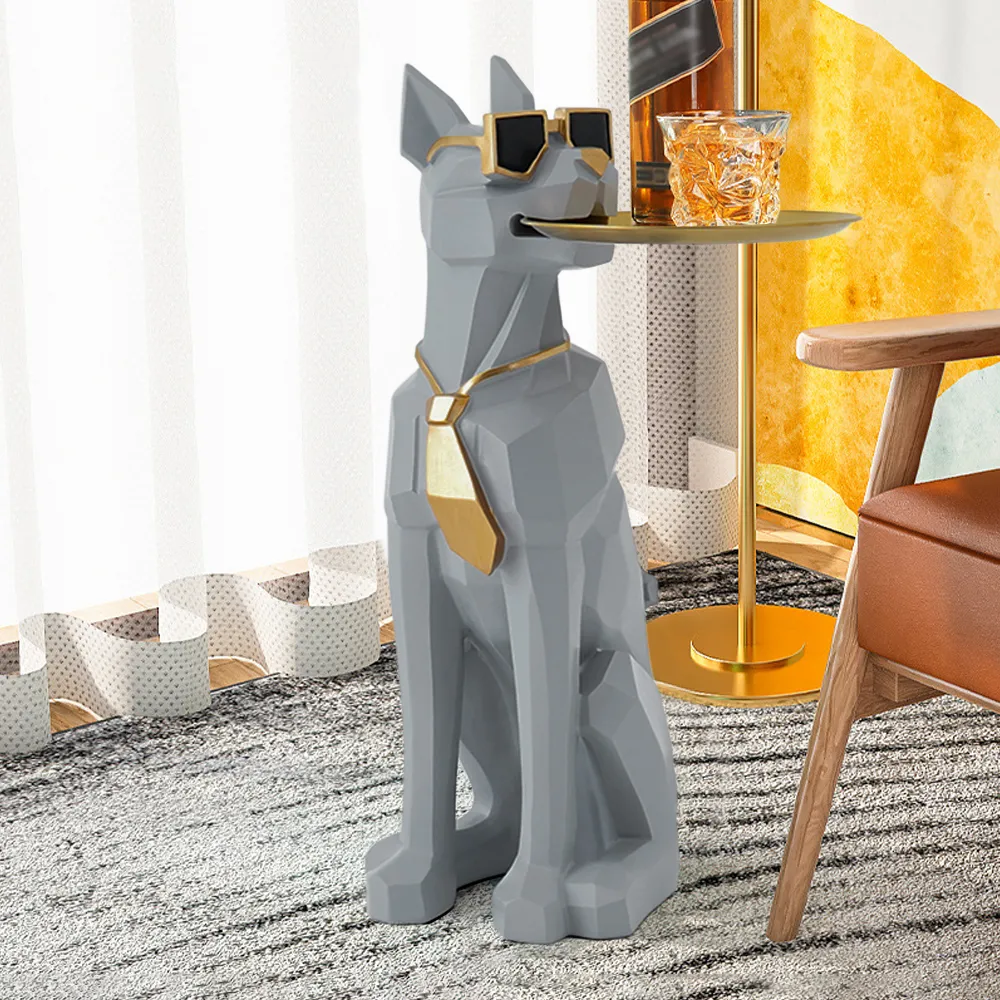 Modern Grey Sculpture Side Table with Tray Shelves Cute Grayhound End Table in Resin