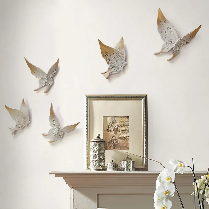 5 Pieces Farmhouse 3D White & Gold Resin Butterfly Wall Decor Set Living Room Bedroom