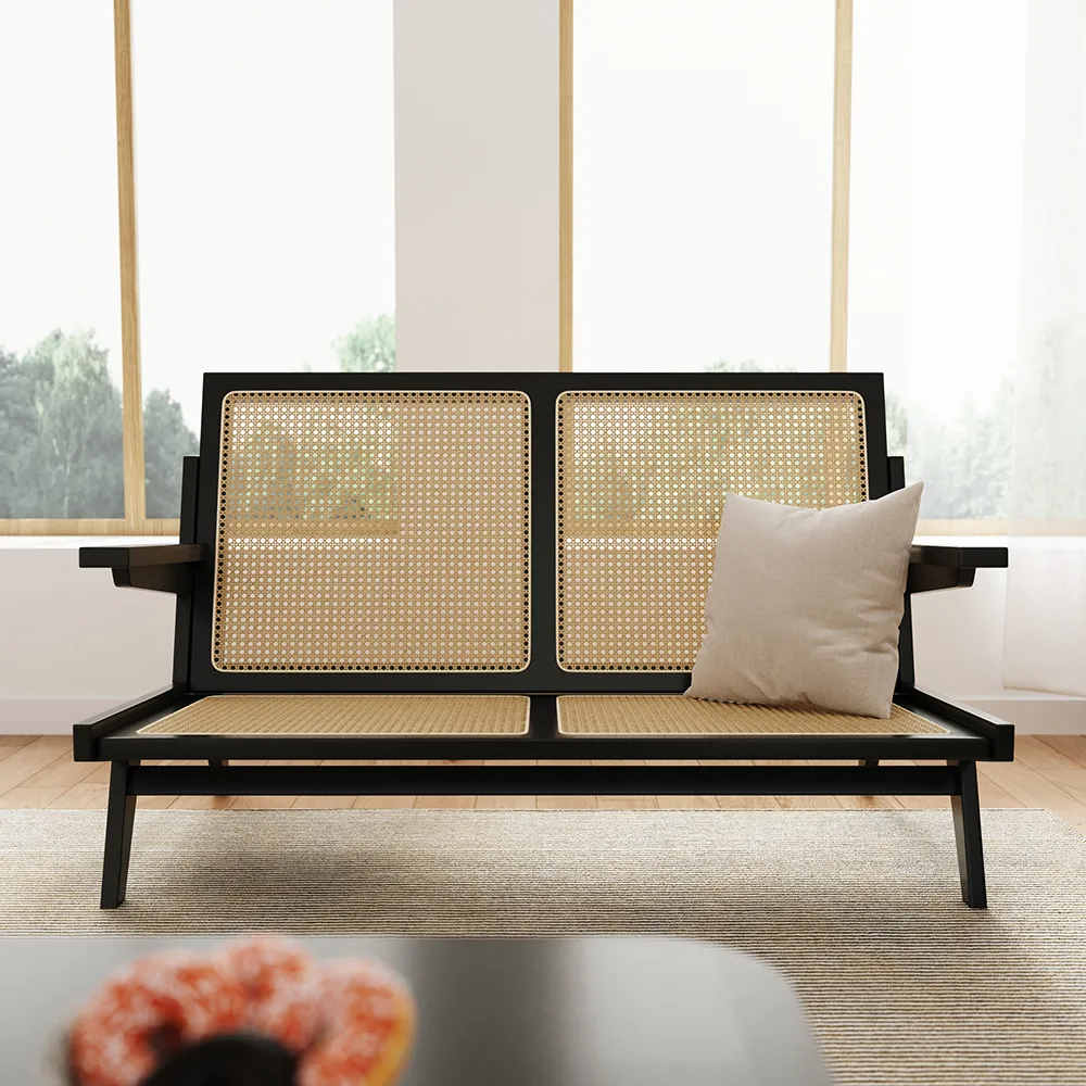 Sofá de 2 plazas de ratán de 1290 mm, sofá de dos plazas de madera de  fresno japonés en negro con reposabrazos-Homary