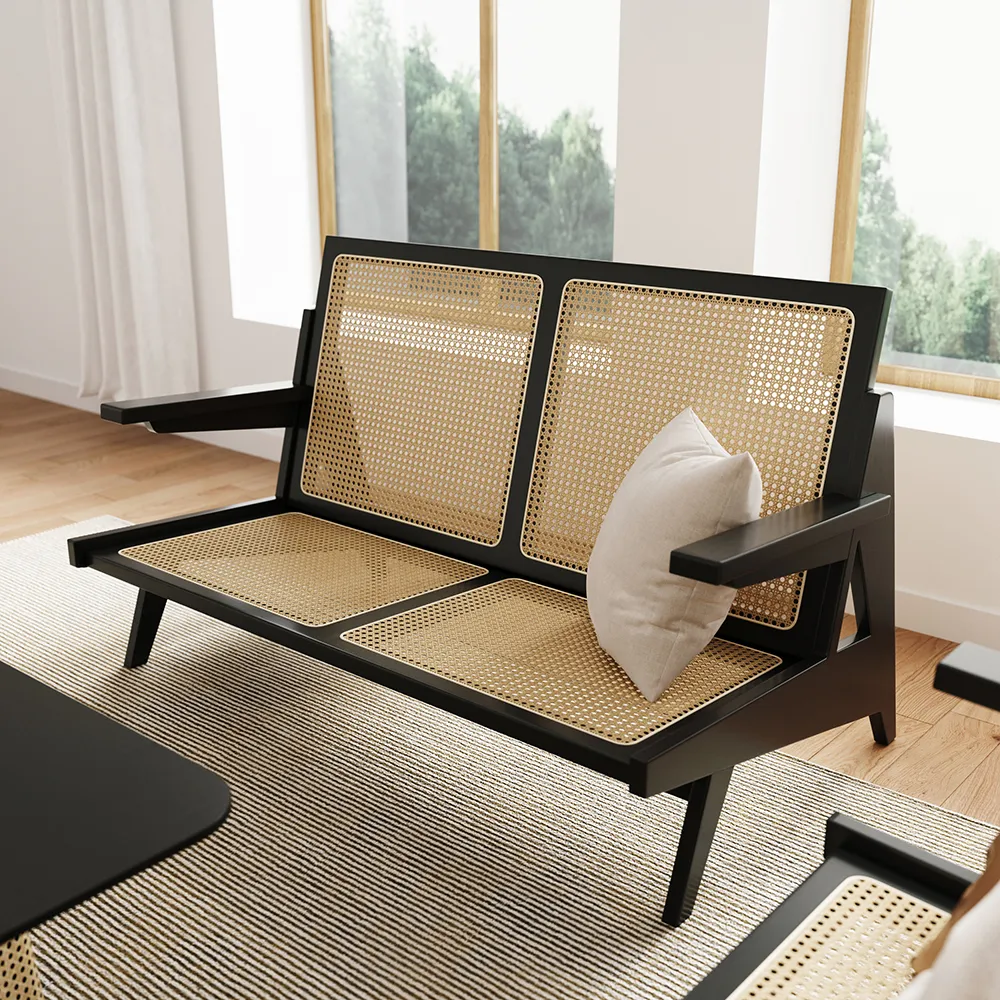 Sofá de 2 plazas de ratán de 1290 mm, sofá de dos plazas de madera de  fresno japonés en negro con reposabrazos-Homary