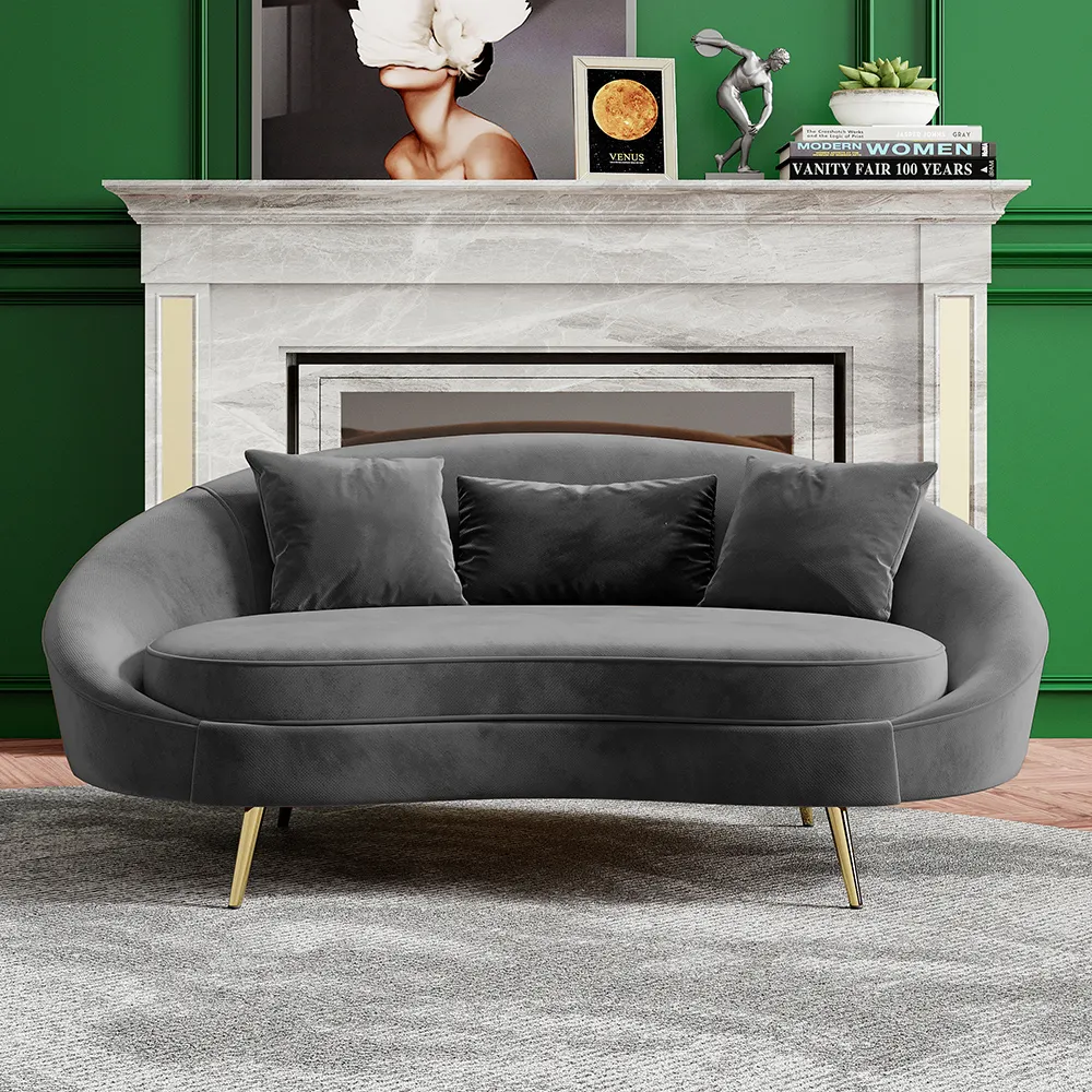 Modern 1600mm Gray Velvet Curved Sofa Love Seat Sofa Pillows Included