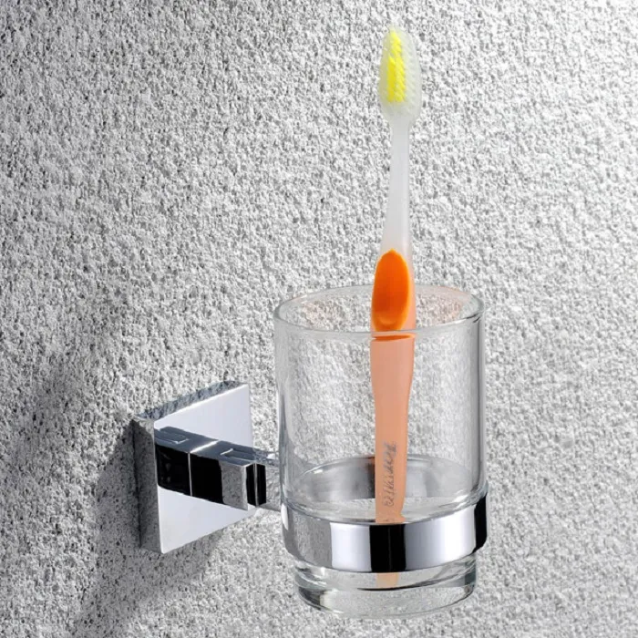 Small Toothbrush Holder Wall Mounted for Bathroom with Glass Brass in Chrome Finish
