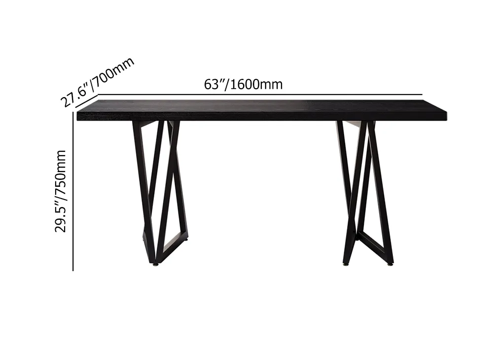 63" Rectangular Dining Table Black Solid Wood Table Top Square Metal Base