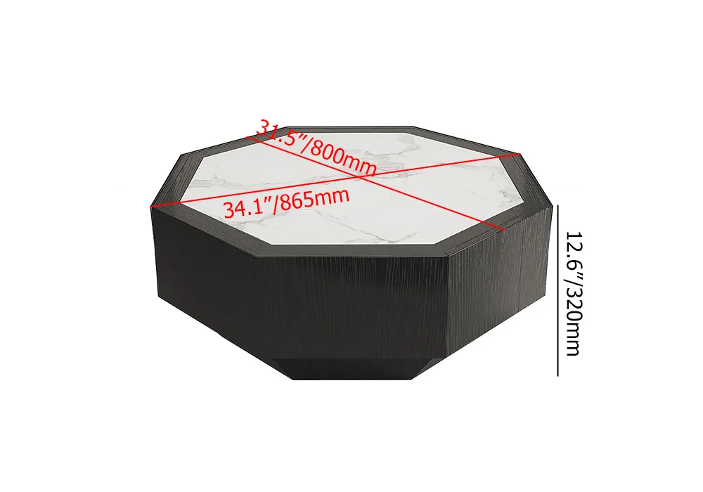 Wood Octagonal Coffee Table Rotating in Black with 2 Drawers Sintered Stone Top