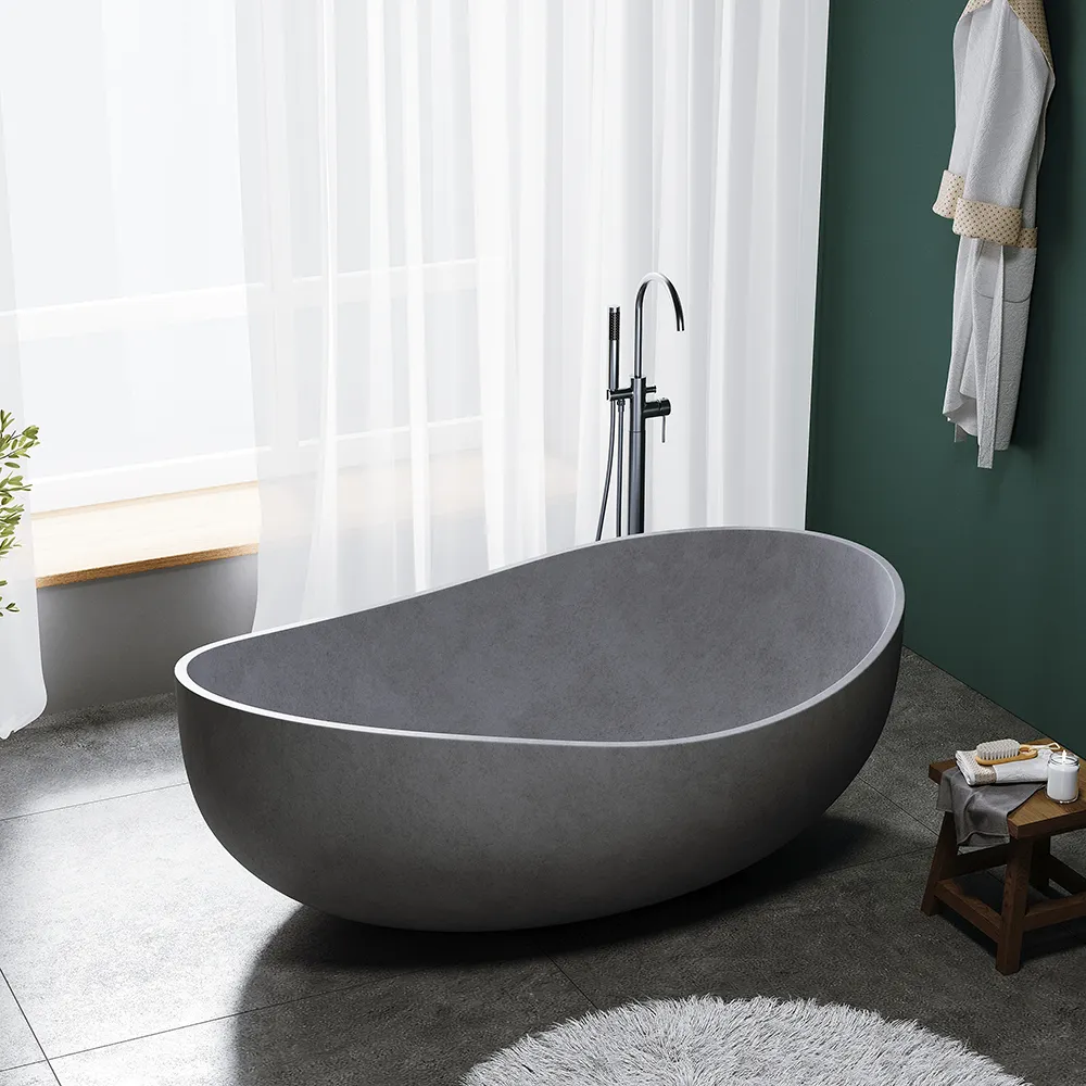 63" Industrial Concrete Soaking Bathtub Oval Cement Freestanding Bathtub in Gray
