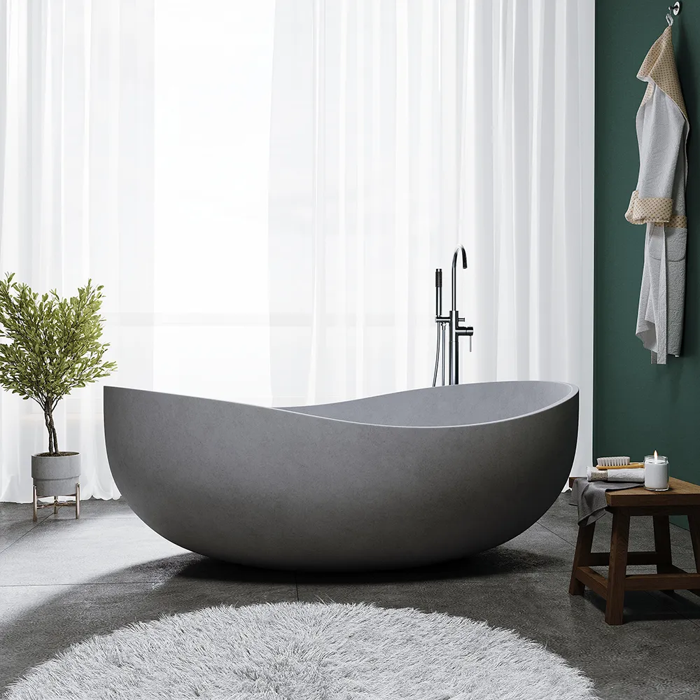 63" Industrial Concrete Soaking Bathtub Oval Cement Freestanding Bathtub in Gray