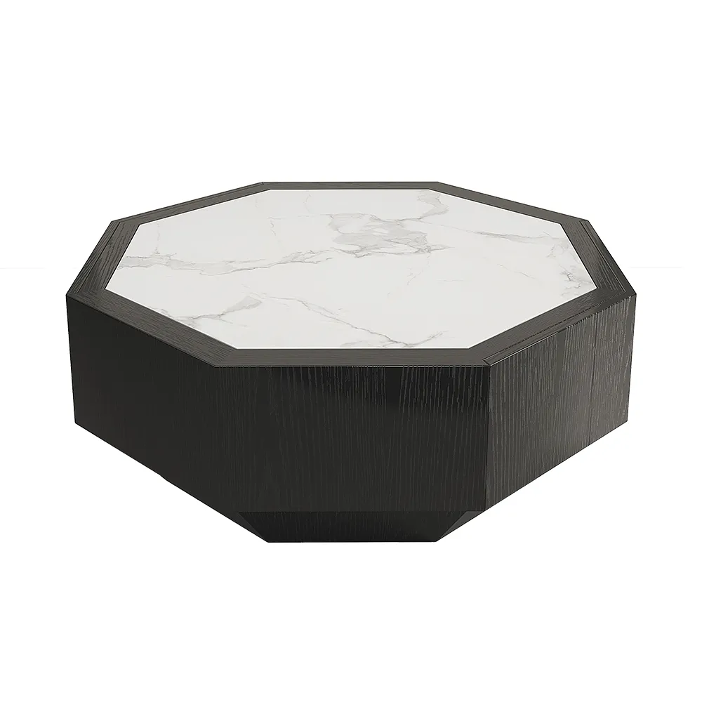 Wood Octagonal Coffee Table Rotating in Black with 2 Drawers Sintered Stone Top