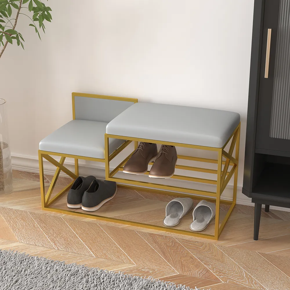 Modern PU Leather Upholstered Entryway Bench Gray with Gold Legs