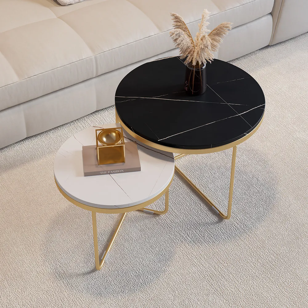 Modern Round Nesting Coffee Table Set 2-Piece Black & White Sintered Stone Top Gold Base