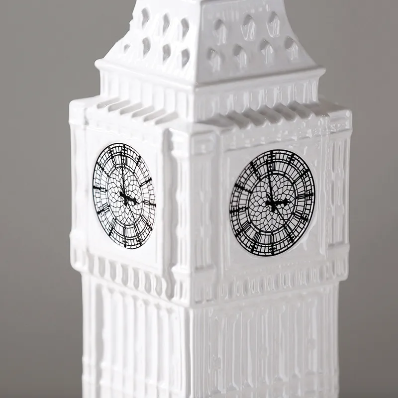 Traditional Geometric White Ceramic Architecture Clock Ornament Figurine Home Decor Art