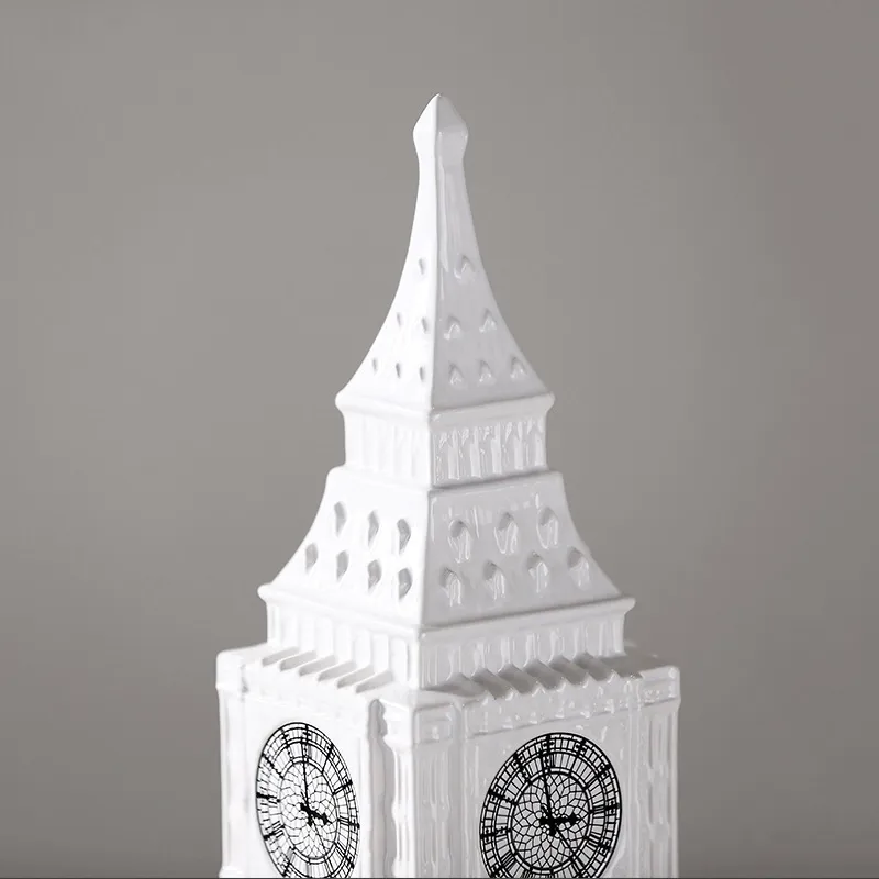 Traditional Geometric White Ceramic Architecture Clock Ornament Figurine Home Decor Art
