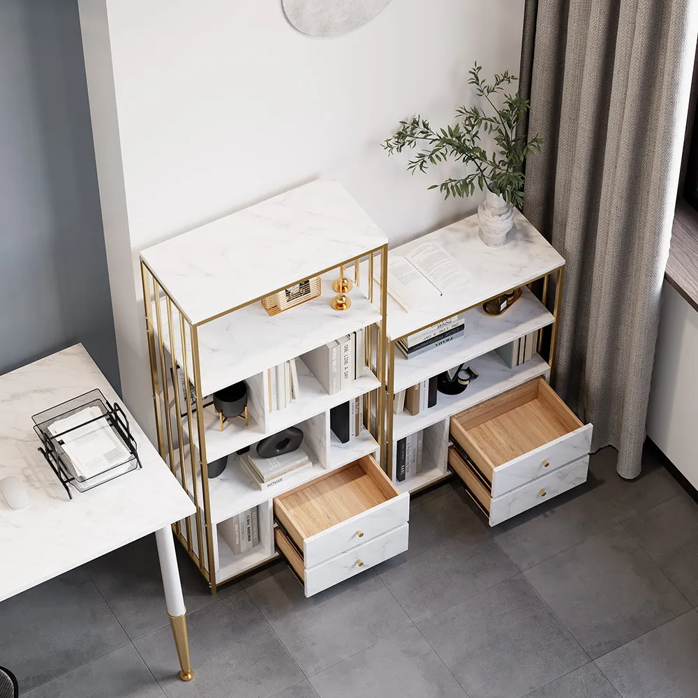 Modern White Bookshelf  Wood Book Shelf with 2 Drawers in Gold Metal Frame