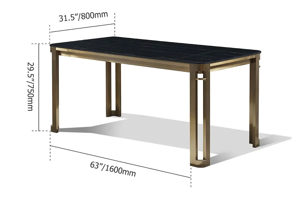 Modern Black Sintered Stone Top Dining Table Stainless Steel Frame in Brushed Champagne