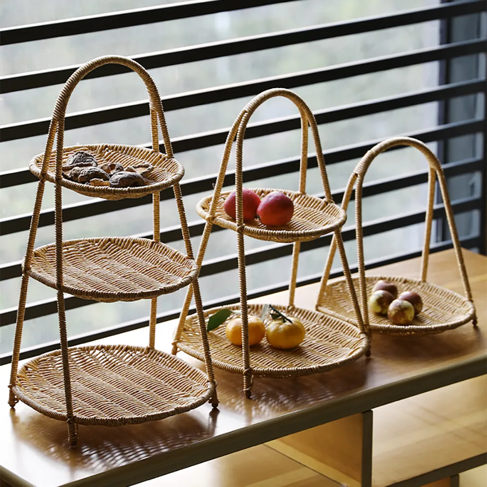 3-Tier Round Fruit Basket PVC Rattan in Natural Storage for Kitchen