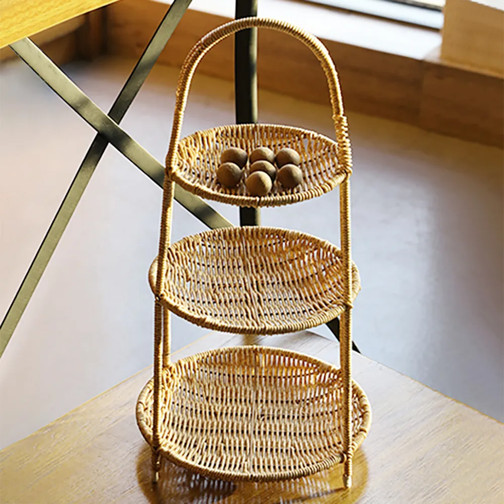 3-Tier Round Fruit Basket PVC Rattan in Natural Storage for Kitchen