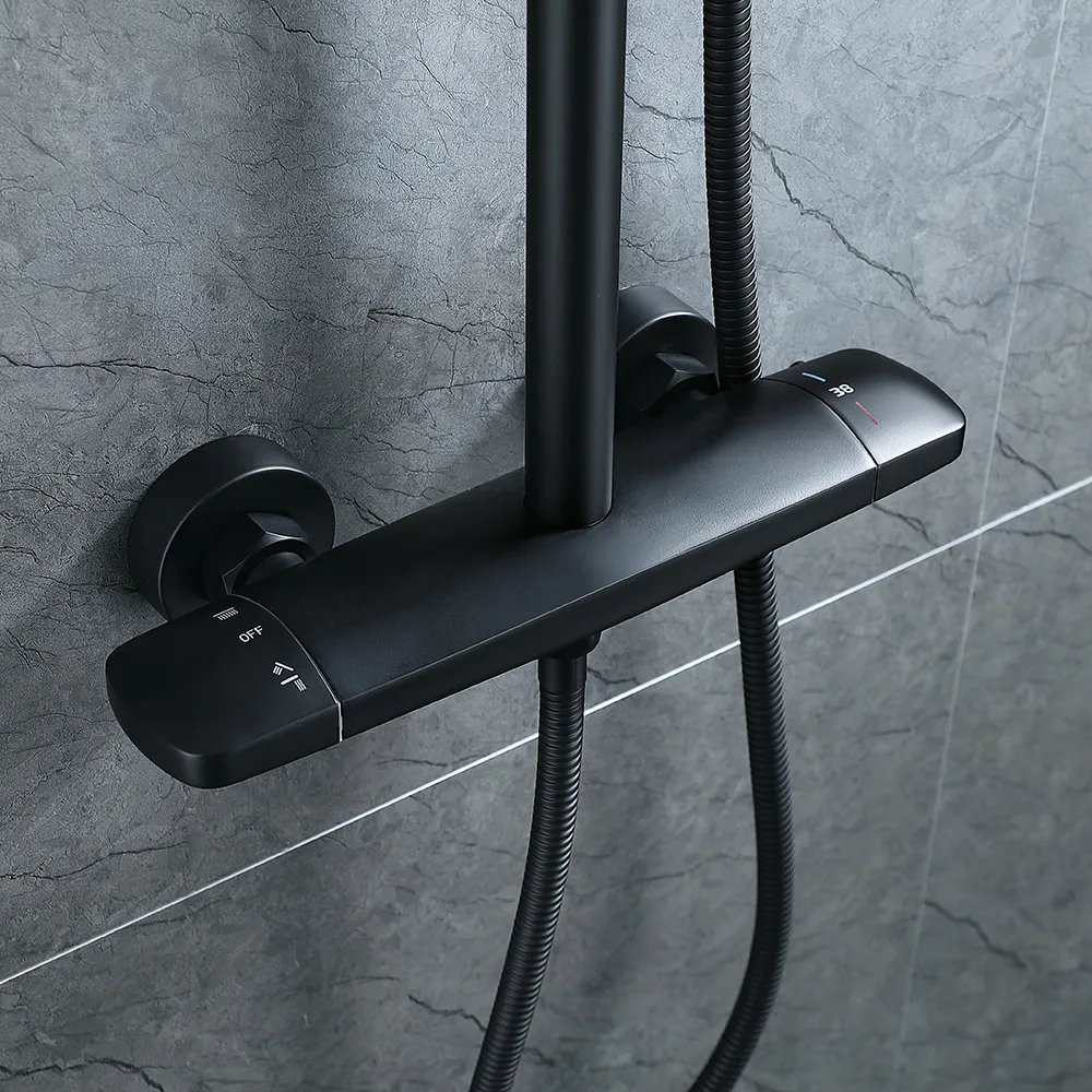 Contemporary Shower System Thermostatic Matte Black Solid Brass Rainfall Shower Head
