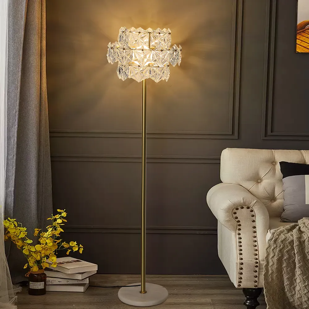 Glam 3-Light Gold Plug-in Brass Standing Floor Lamp with Marble Base for Living Room