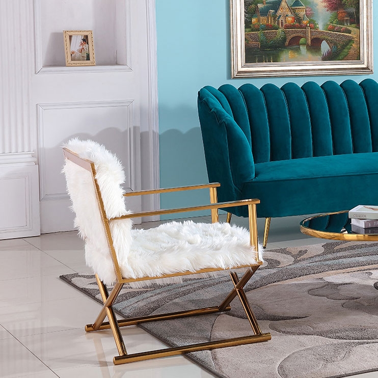 Modern Stylish White Faux Fur Upholstered Armchair Gold Accent Chair Stainless Steel Frame