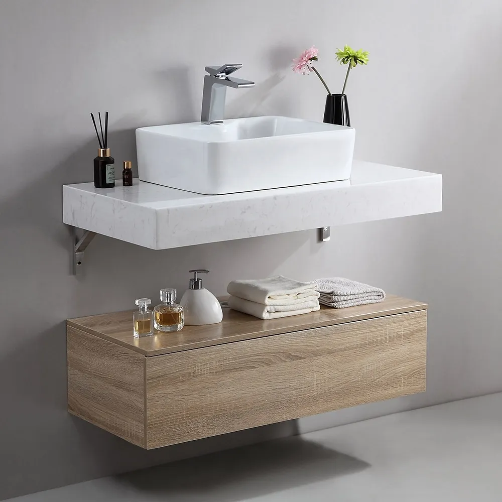 Modern 40 Floating Wall Mount Single Bathroom Vanity Set With Faux Mable Top Vessel Sink