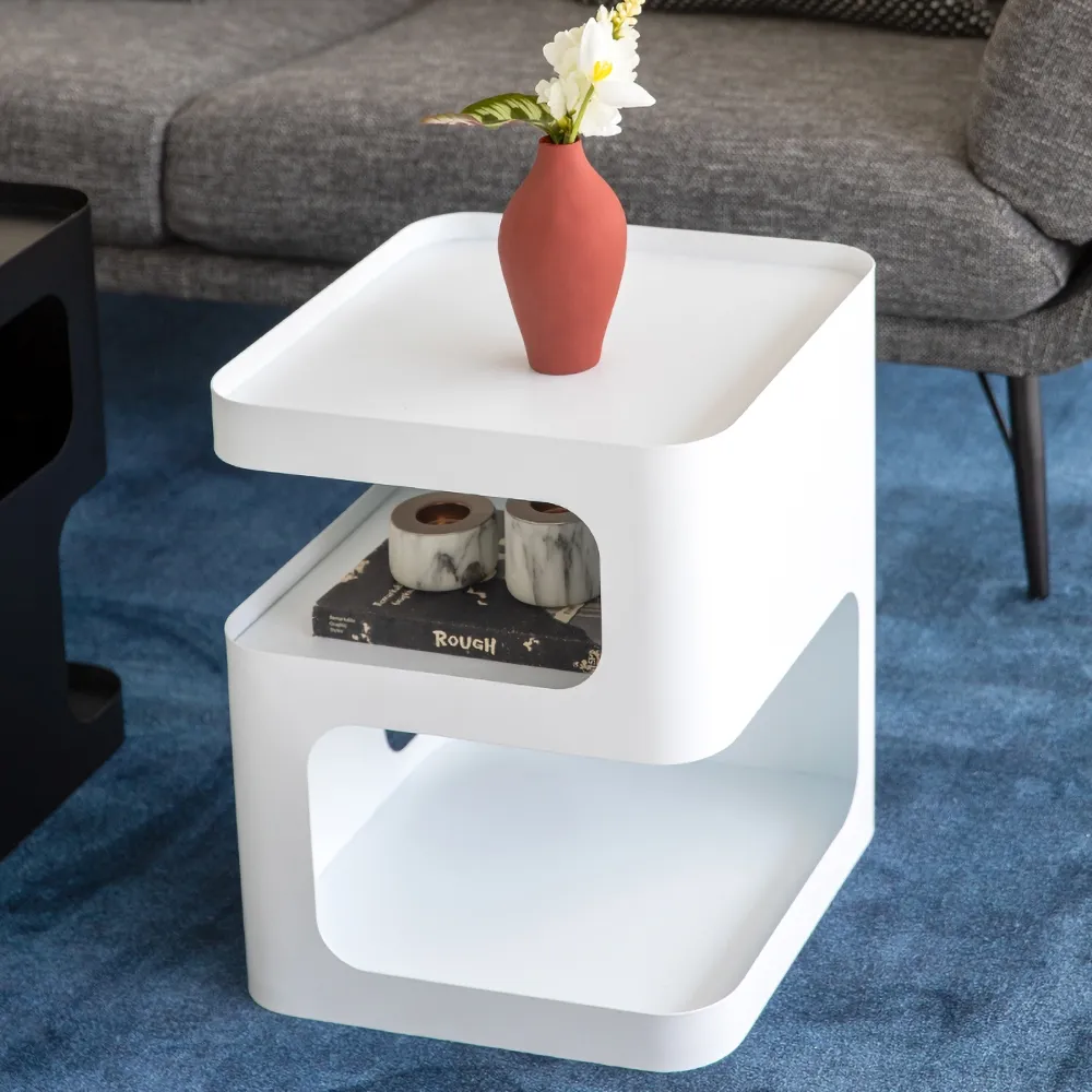 Modern White Unique Square Side Table Storage End Table With Shelf 3 Tier