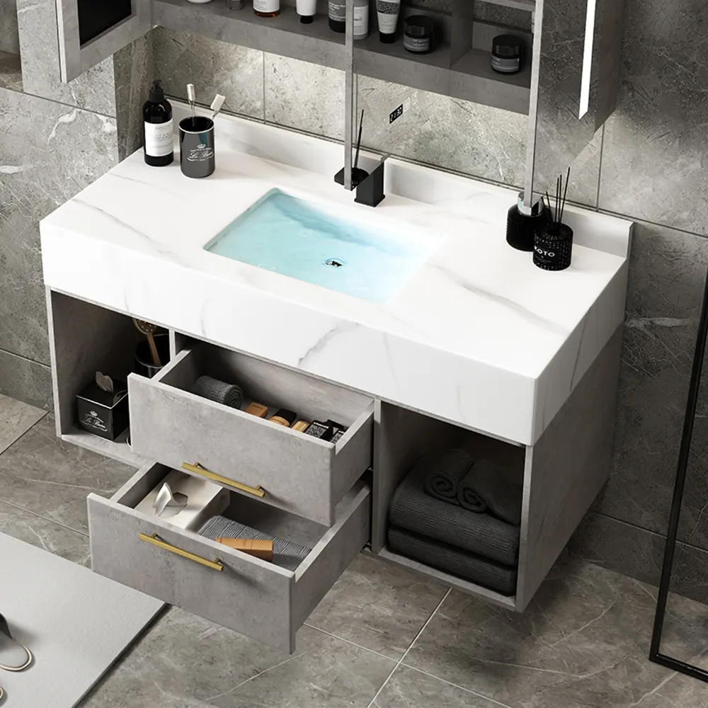Modern 39 Gray Floating Bathroom Vanity Stone Top Wall Mounted Bathroom Cabinet