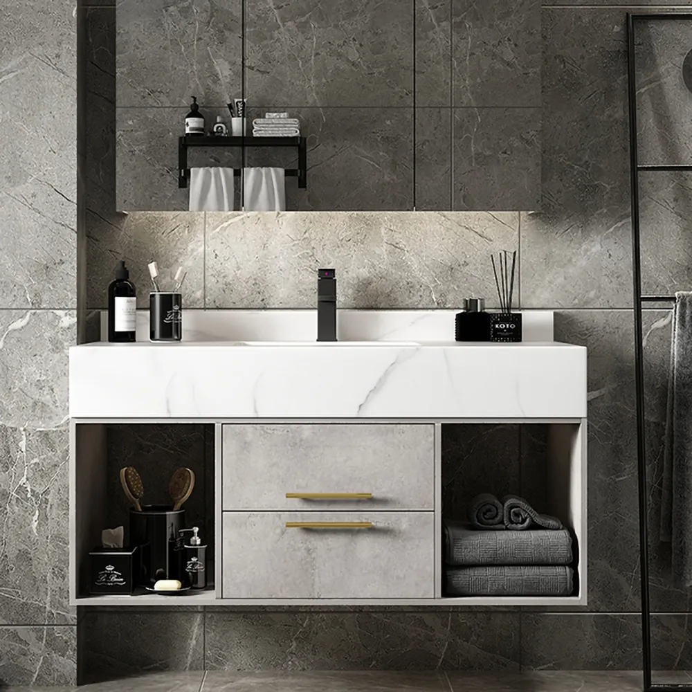 Modern 39 Gray Floating Bathroom Vanity Stone Top Wall Mounted Bathroom Cabinet