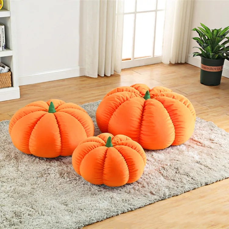 Modern Lovely Floor Pouf Orange Velvet Pouf Ottoman Medium Round Pumpkin Pouf For Kids Room Nursery