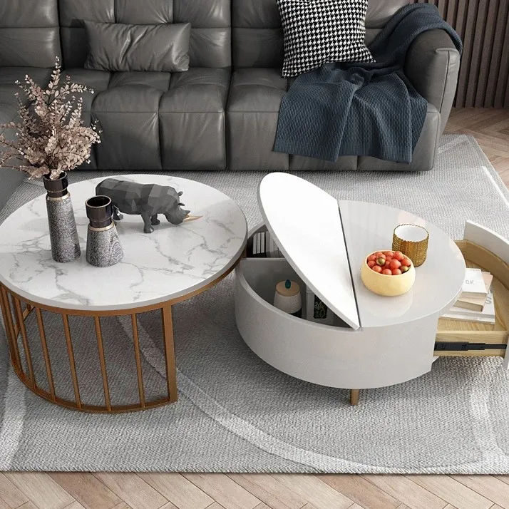 Modern White Round Coffee Table With Storage Wood Rotating Marble Nesting Coffee Table In Rose Gold